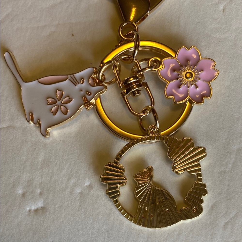 Gold and Pink Keychain/Bag Charm with Cat and Flower Charms